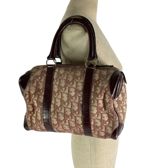 Vintage Genuine CHRISTIAN DIOR Maroon Trotter Leather Canvas Boston Bag France - Picture 2 of 16